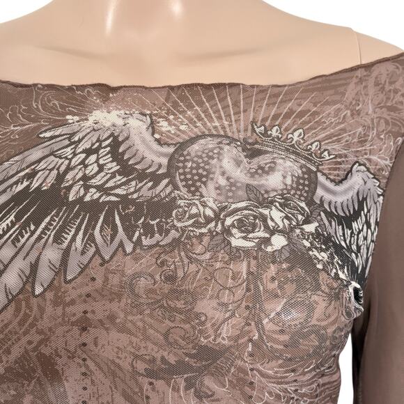 Y2K Sheer Mesh Angel Wing Heart Graphic Long Sleeve Top S Brown Tattoo Artsy - Picture 3 of 6